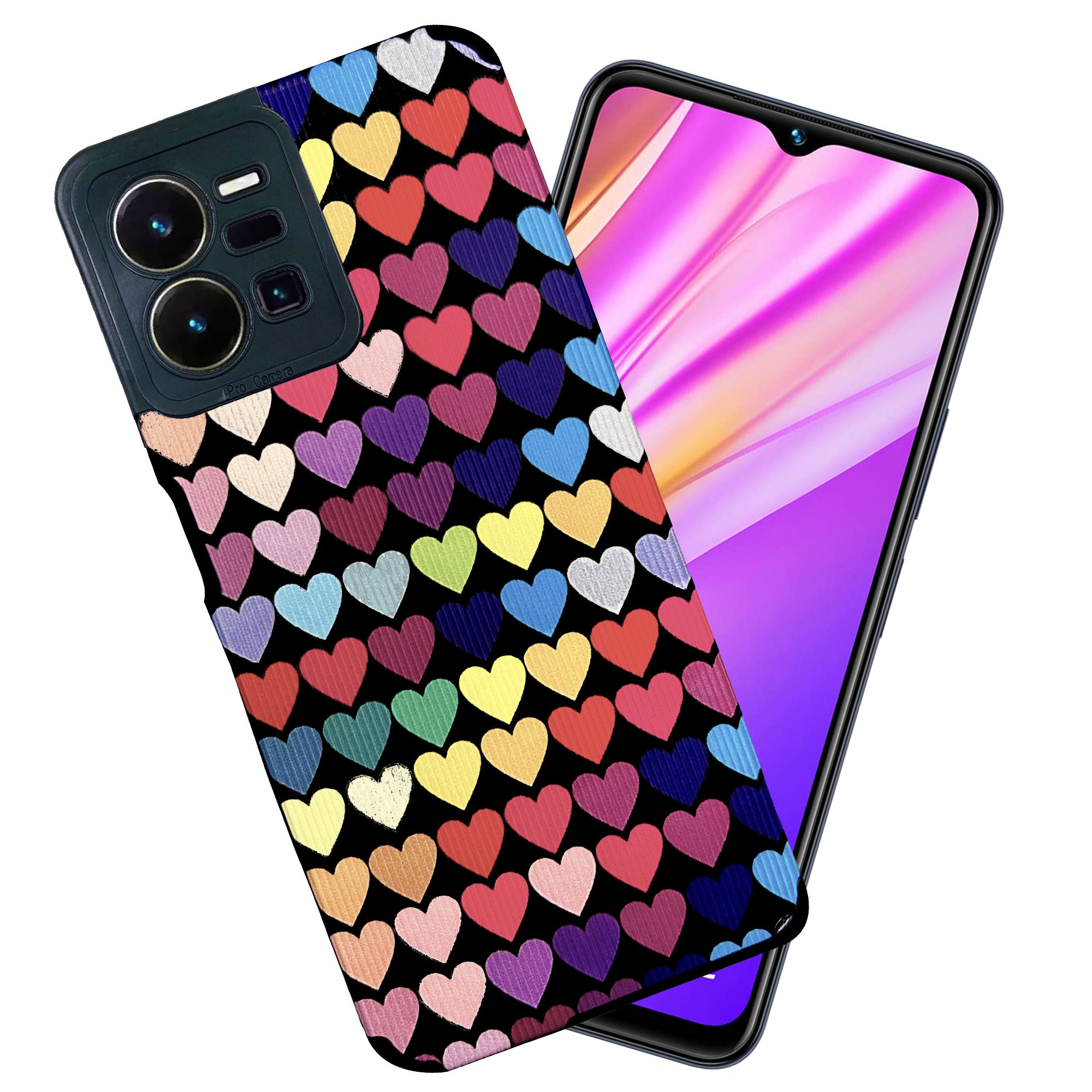 Liquid Silicone Stripes | with Camera Protection | Anti Slip Grip | Heart Print Case Back Cover Case for Vivo