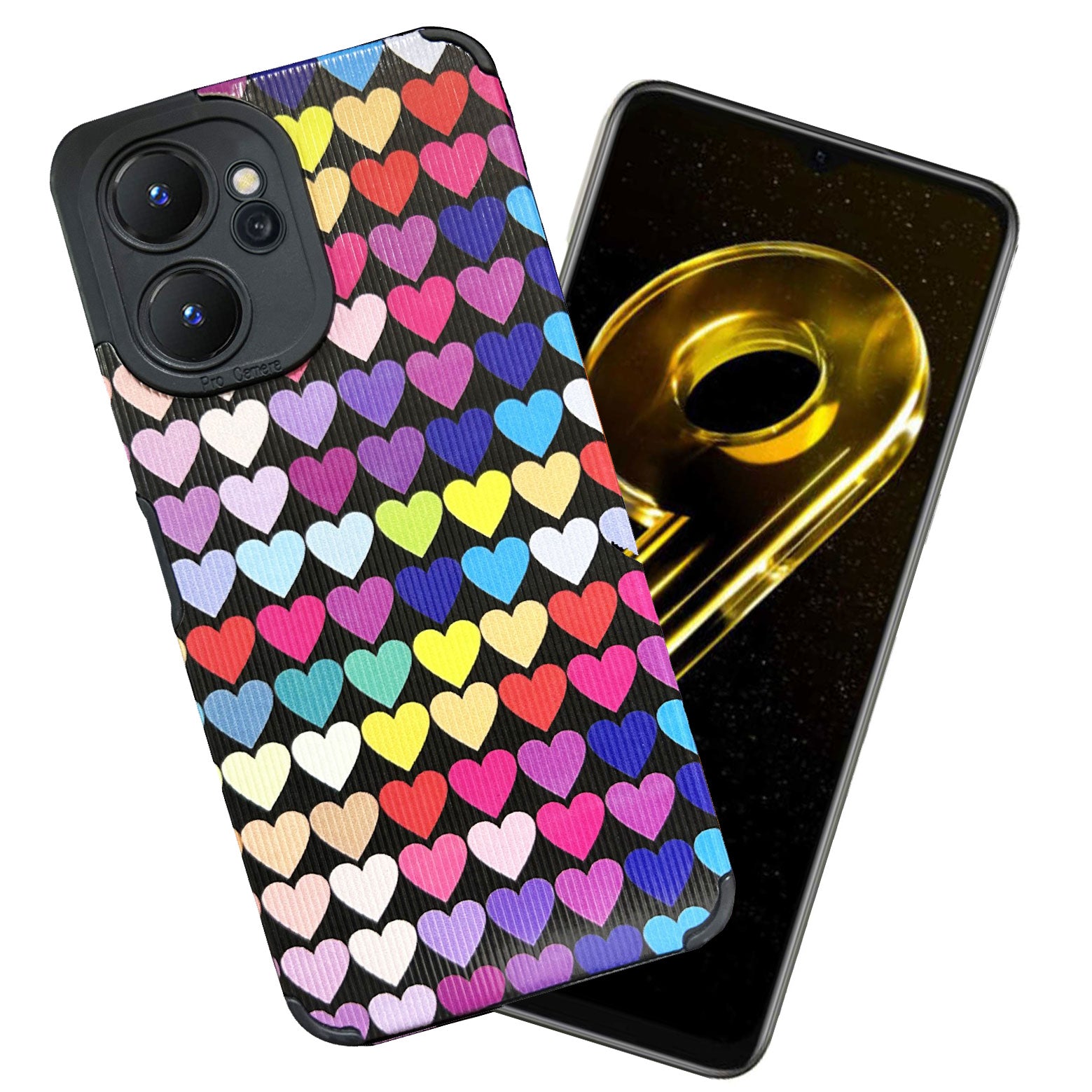 Liquid Silicone Stripes | with Camera Protection | Anti Slip Grip | Heart Print Case Back Cover Case for Realme