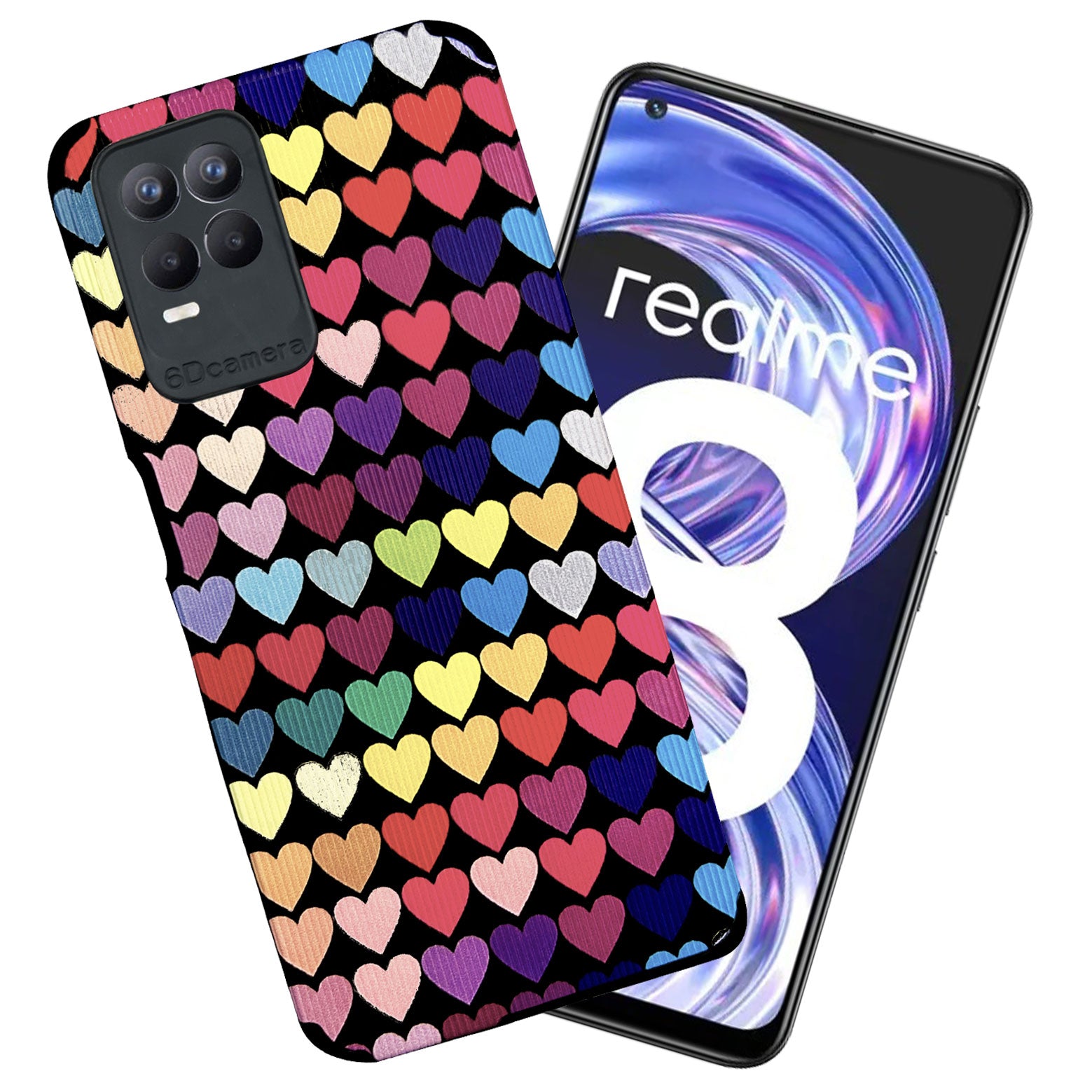 Liquid Silicone Stripes | with Camera Protection | Anti Slip Grip | Heart Print Case Back Cover Case for Realme