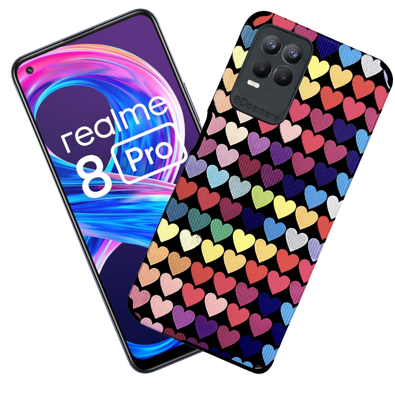 Liquid Silicone Stripes | with Camera Protection | Anti Slip Grip | Heart Print Case Back Cover Case for Realme