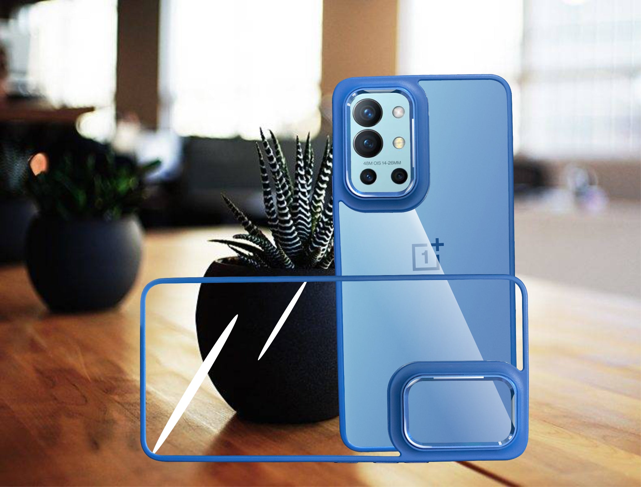 Artistque Ultra Clear Back cover Case For OnePlus 9R (Chrome Ring, Transparent, Smooth Sides TPU, Soft Silicone Blue)