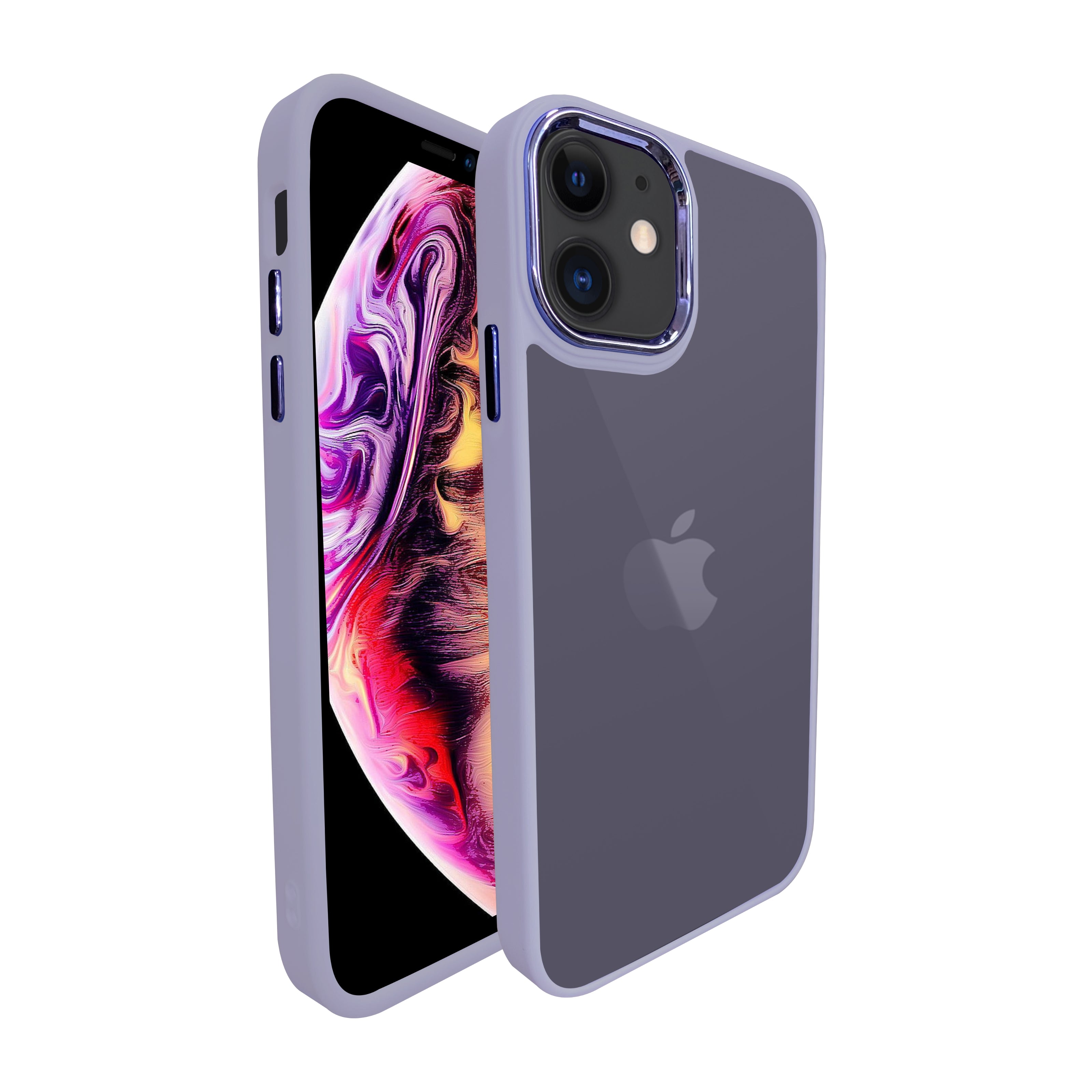 Artistque Frosted Translucent Back cover Case For APPLE iPhone 12 (Chrome Ring, Smoke, Smooth Sides TPU, Soft Silicone Purple)